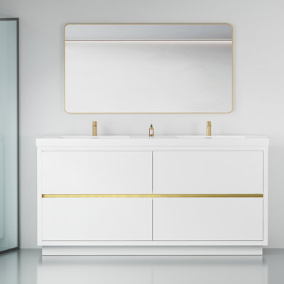 De meuble-lavabo autoportant blanc brillant avec dessus en résine de pierre, armoire de rangement avec tiroirs à fermeture en douceur, 24v14-72gw