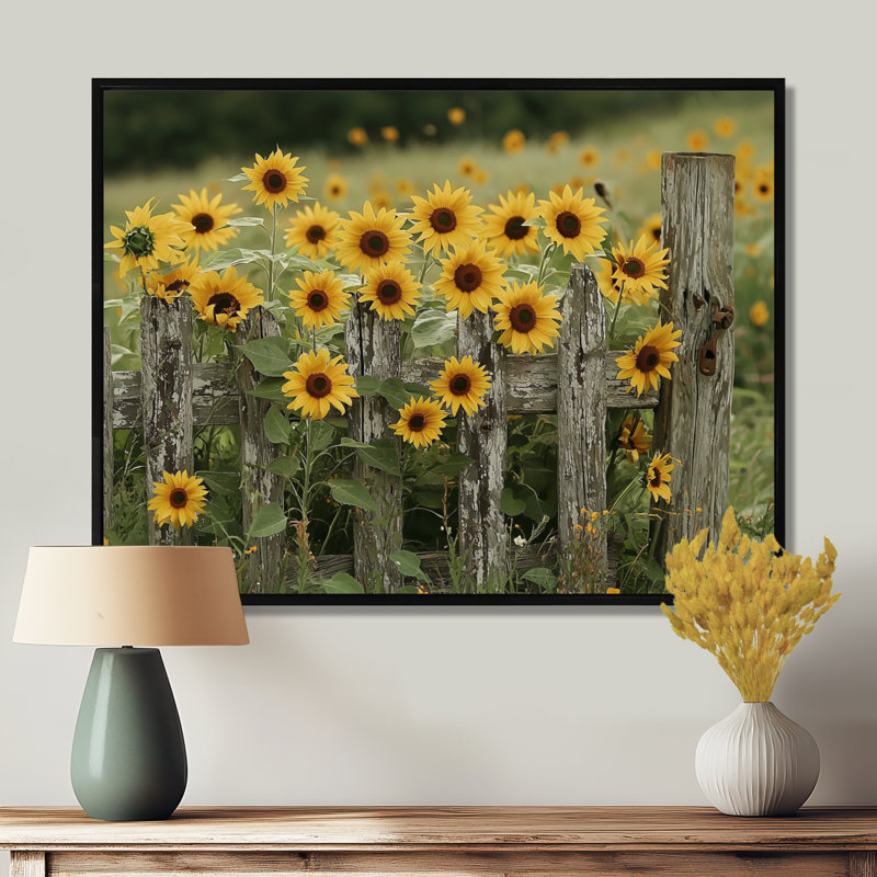 «Draxler Sunflowers And The Farm Fence II - Sunflowers», art mural, H 12 po x l 20 po, Impression encadrée flottante