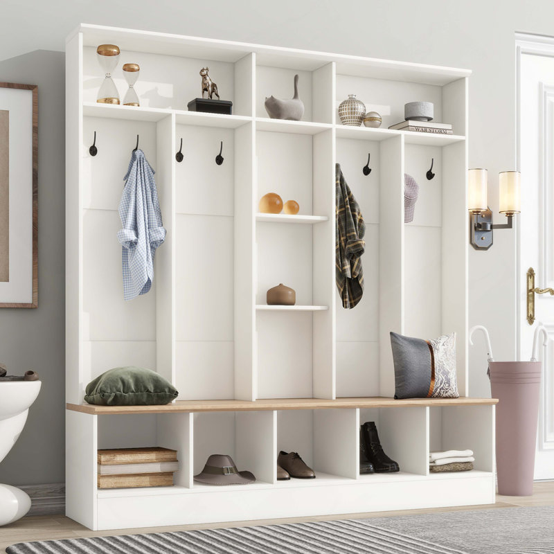 Arbre d'entrée large avec banc de rangement, armoire à chaussures minimaliste avec rangement cubique et tablettes, portemanteau multifonctionnel avec 8 crochets pour les entrées, vestibule