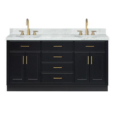 Meuble-lavabo double en bois massif de 66 po avec plateau en marbre de Carrare de 1,5 po Thornaby