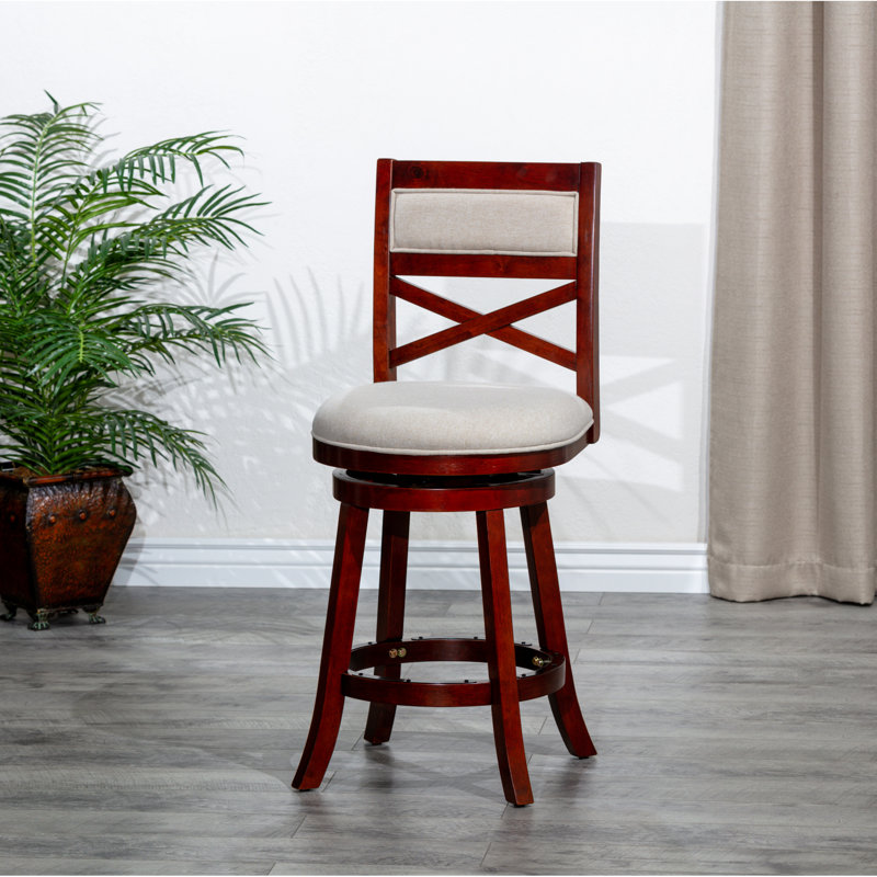 Tabouret pivotant de 24 po à hauteur de comptoir, finition cerise, tissu beige, confortable et tabouret de chaise avec siège en tissu pour la cuisine