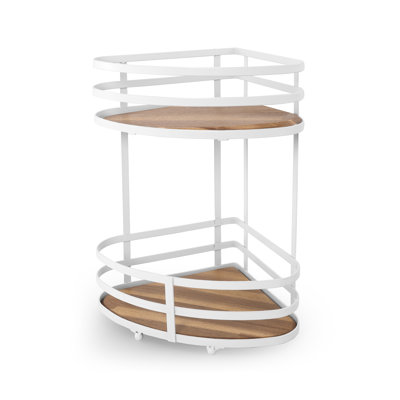 2-Tier Corner Countertop Bathroom Caddy with Acacia Wood Accents In Matte White