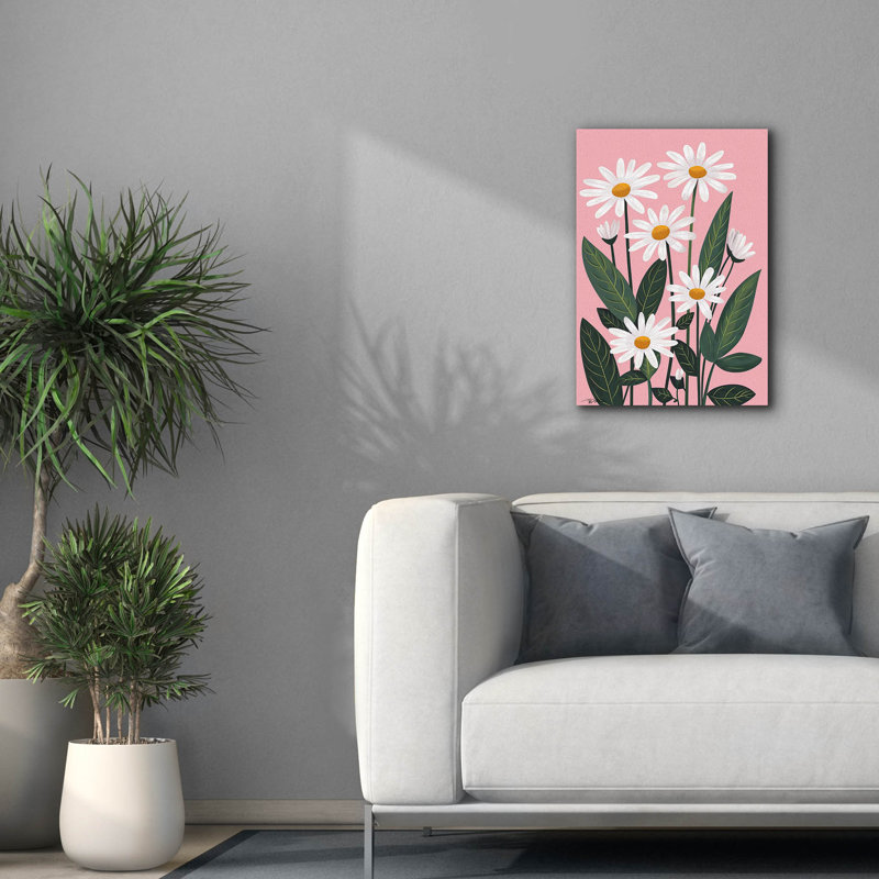 «White Daisies On Pink Fond» par Momart, art mural sur toile, H 26 po x l 18 po x P 0,75 po