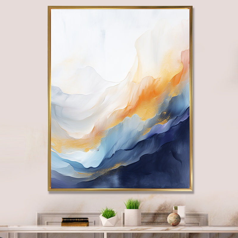 Tempête de marbre bleu et jaune I - art mural abstrait, Cadre flottant doré, H 32 po x l 24 po x P 1 po
