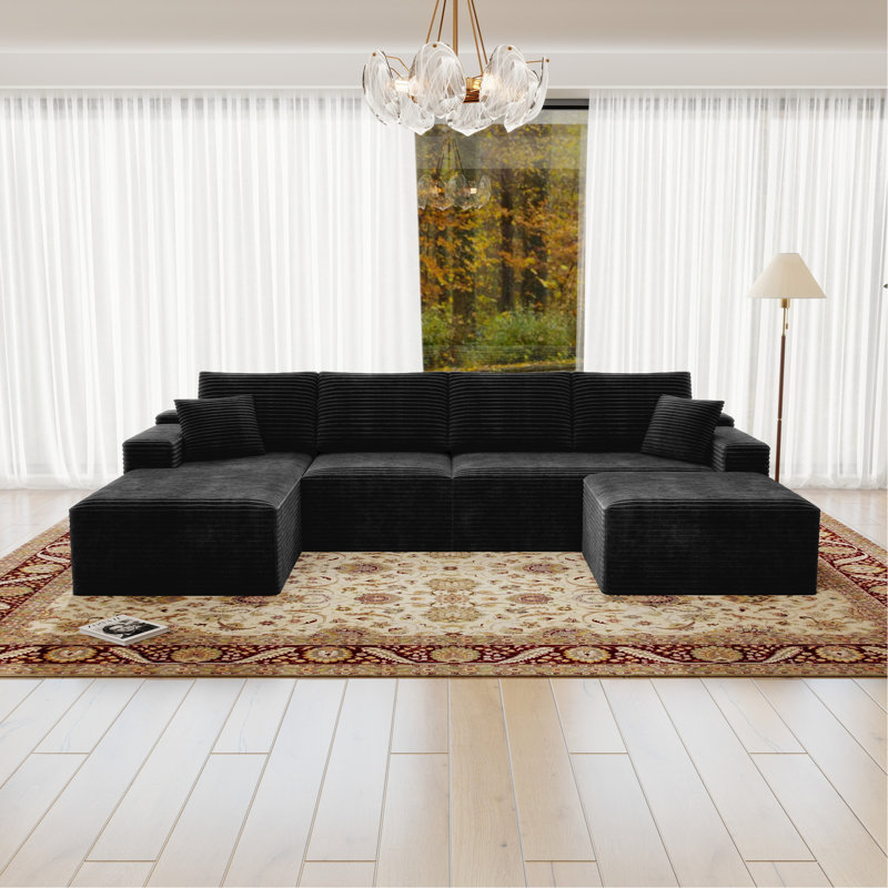 131.9*70.8"Modular Sectional Sofa Seat,Upholstered Compressed Couch For Living Room,Bedroom,Apartment,No Assembly Required,4 PC Free Combination,Plush Corduroy Fabric,Black