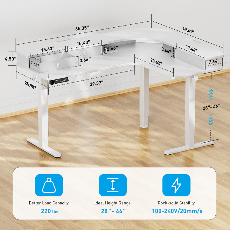 Bureau debout en forme de L, avec 3 espaces de rangement à tiroirs, bureau électrique à hauteur réglable avec contrôleur de mémoire, grande table d'ordinateur ergonomique avec installation interchangeable à gauche et à droite, équipé de lumières DEL (63 po), blanc