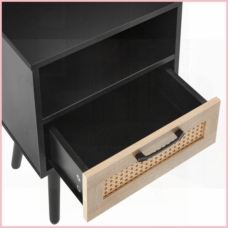 Black Rattan Coffee Table with Drawer &amp; Solid Wood Legs - Easy-Clean for Living Room Bedroom, Black