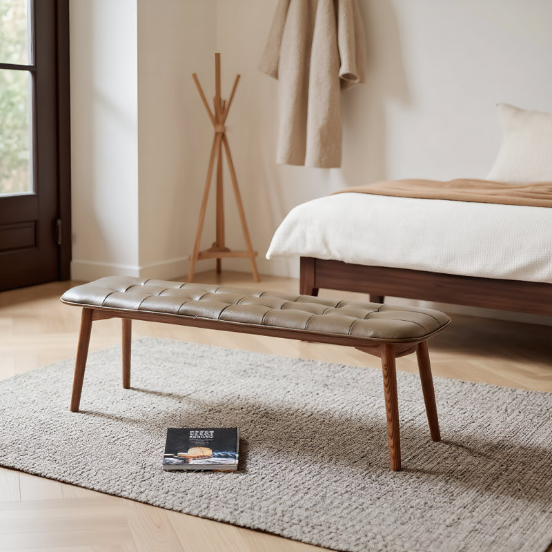 Banc de table en bois de chêne naturel pour salle à manger avec coussin en cuir, Brun