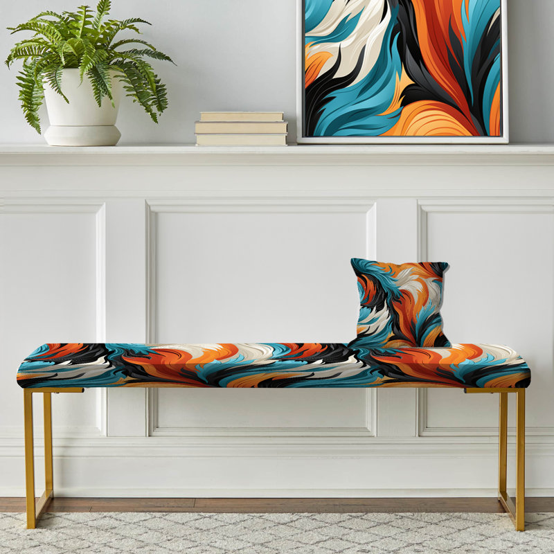 Feuillage bleu et orange exotique de la jungle - Banc tapissier abstrait doré