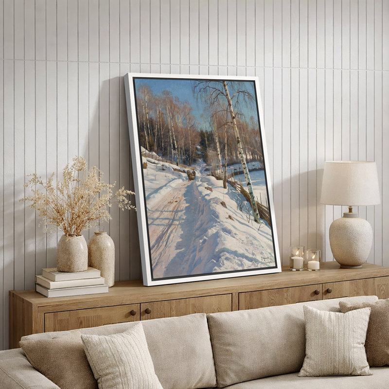 «Winter Snowy Country Road», photos de paysage de forêt de bouleaux, impression sur toile encadrée, Cadre flottant blanc