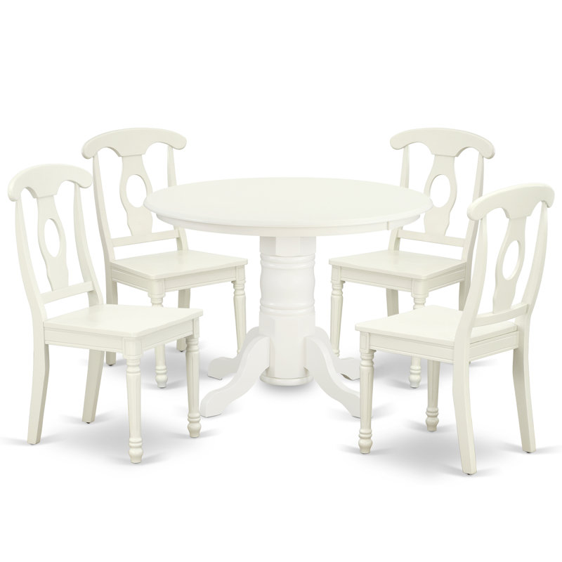 5 Piece Dinette Set for 4 Includes a Round Kitchen Table with Pedestal and 4 Kitchen Dining Chairs, Linen White, White