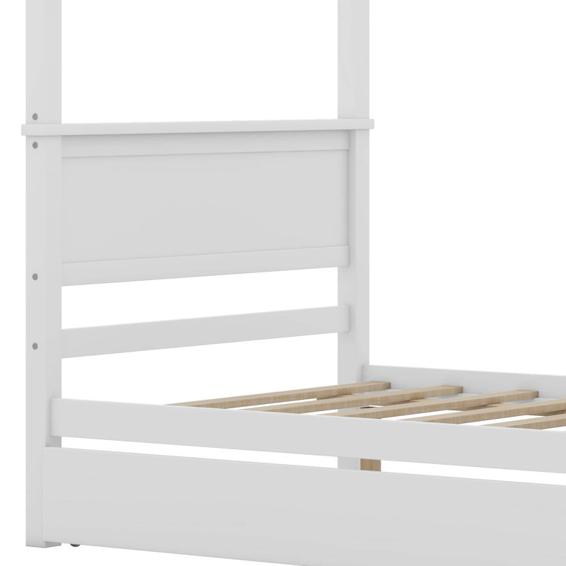 Cactier Full Size Canopy Platform bed With Trundle Bed, Brushed White