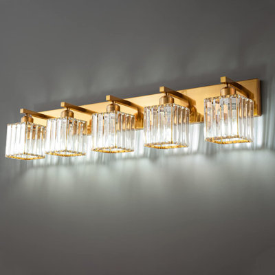 Applique murale moderne en cristal avec finition or brossé pour meuble-lavabo, conception à 5 lumières, douille E26, installation facile