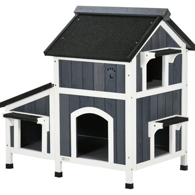 Outdoor Cat House - Roof & Garden Bed Included Multiple Entrances For Big Felines, Gray Shelter Exits Heavyweight Cats,