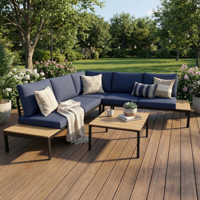 Ensemble de meubles d'extérieur en forme de L 4 pièces, canapé modulaire en rotin de rotin, ensemble de conversation avec table basse pour la piscine, le patio et la cour