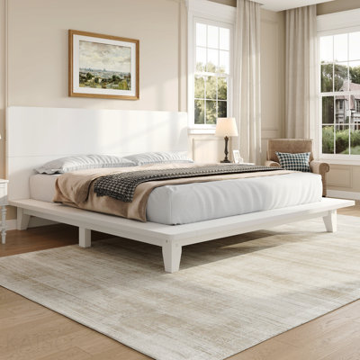 Base de lit plateforme avec tête de lit, support à lattes de bois, double, blanc