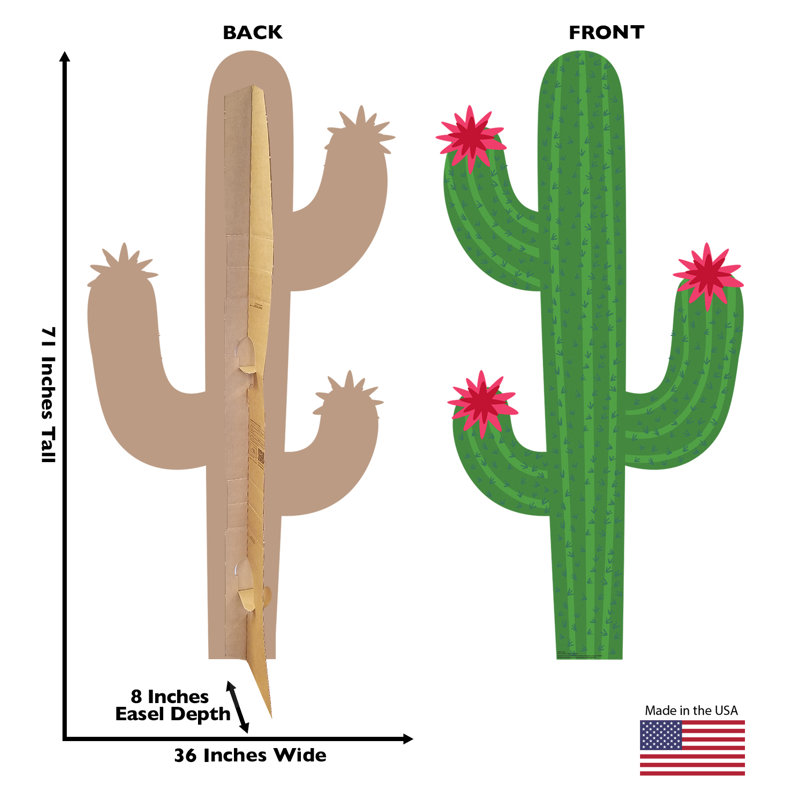 Life-Size Green Cactus Cardboard Cutout with Red Flowers