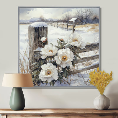 Demartino pivoines par la clôture de la ferme enneigée I - pivoines, art mural
