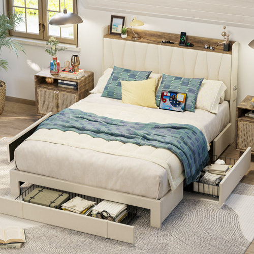 Ivy Bronx Upholstered Bed Frame with 3 Drawers, Bed with Storage ...