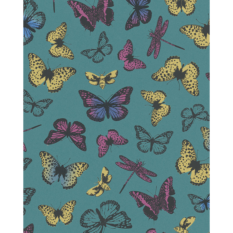 Kristyna Butterly Butterflies Motif 10m x 53cm Wallpaper Roll, Green/Pink/Yellow