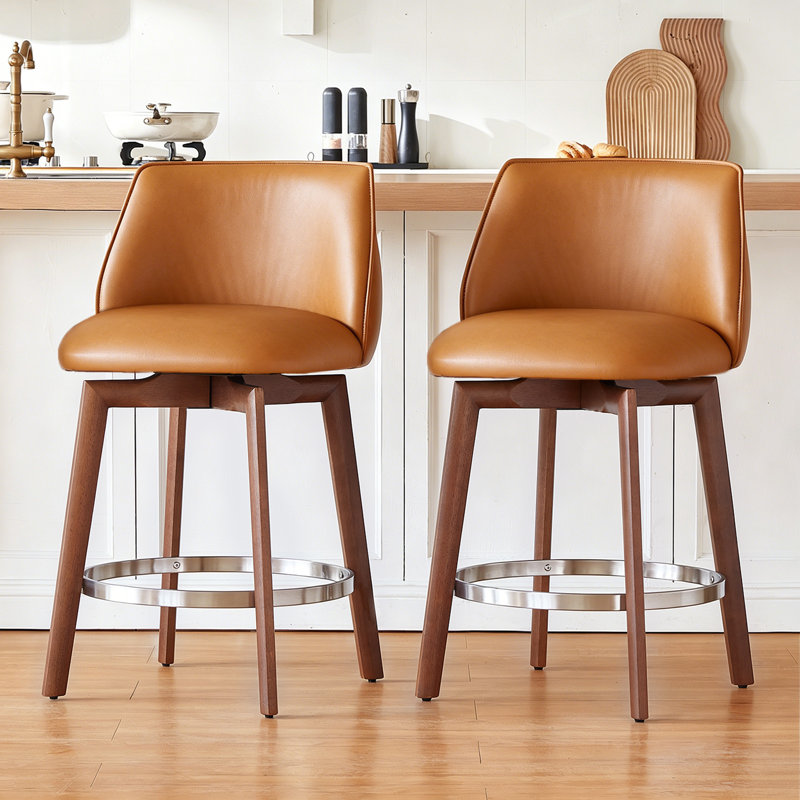 Ensemble de 2 tabourets de bar modernes à hauteur de comptoir de 26 po avec dossier, pieds en bois massif et tabourets de comptoir en similicuir brun pour îlot de cuisine
