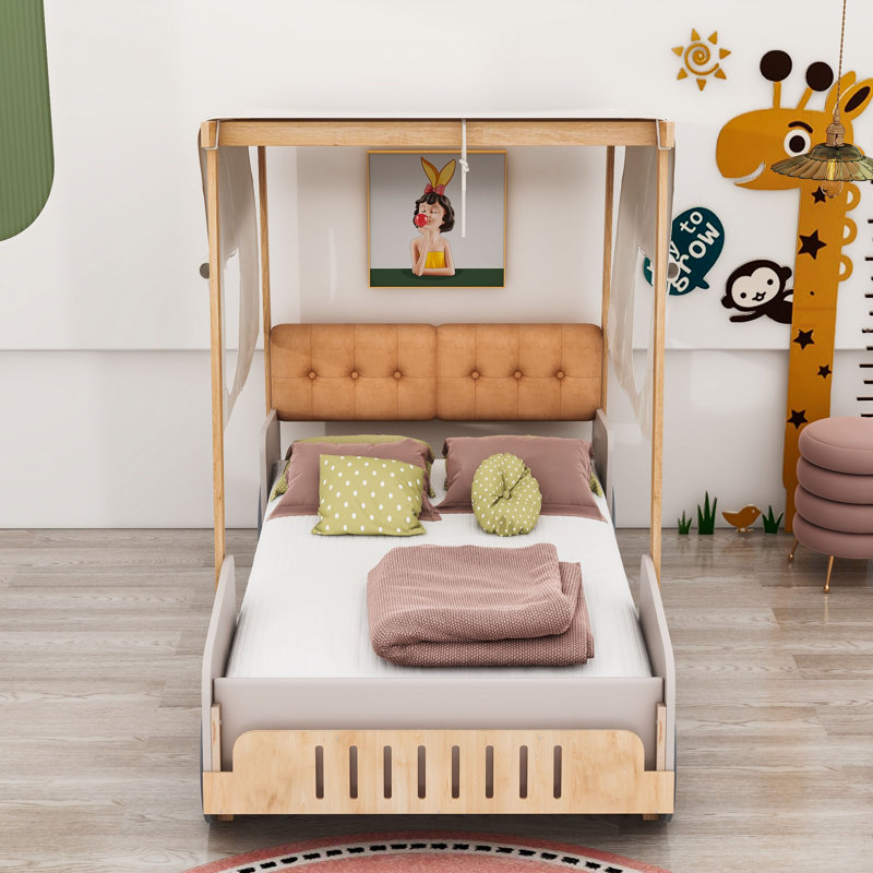 Wooden Car-Shaped Platform Bed with Pillows, Twin