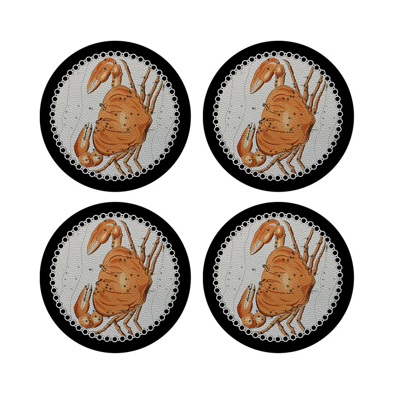 Zodiac Cancer Vegan Leather Round Pebble Placemat, Black