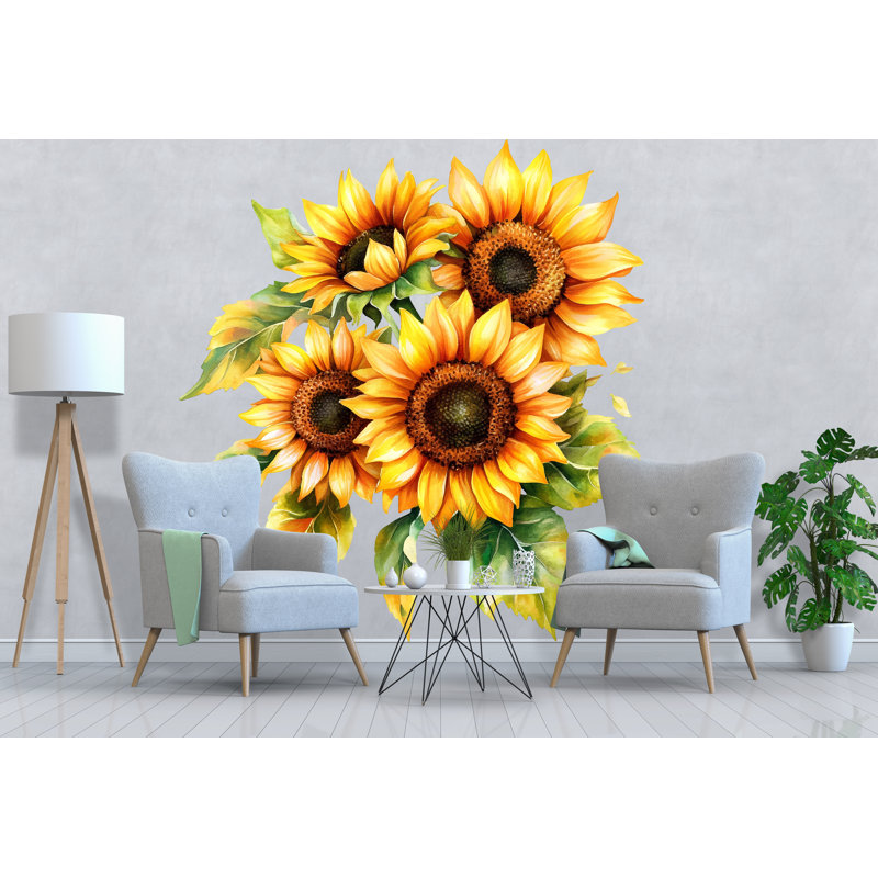 Adhésif décoratif tournesol - grande aquarelle murale, décoration murale pour chambre à coucher 012Mv, H 10 pi x l 10 pi