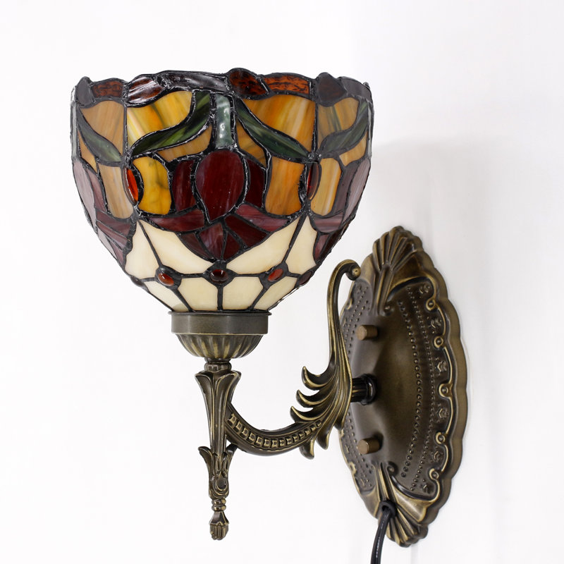 Tiffany Wall Sconce Lamp Blue Stained Glass Flower Style 8X10.5X11 Inch Plug in Wall Bedside Light for Hallway Bedroom (Tulips Style)