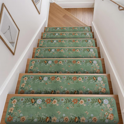 Floral Stair Treads Non-Slip Stair Runners For Wooden Steps Indoor 15PCS 30"X8" Stair Mats Staircase Step Treads For Kids, Elders And Dogs, Stair Covers, Green