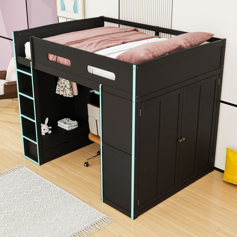 Lit mezzanine double en bois avec bureau, tablettes de rangement, garde-robe, port USB et lumière DEL, Bleu nuage