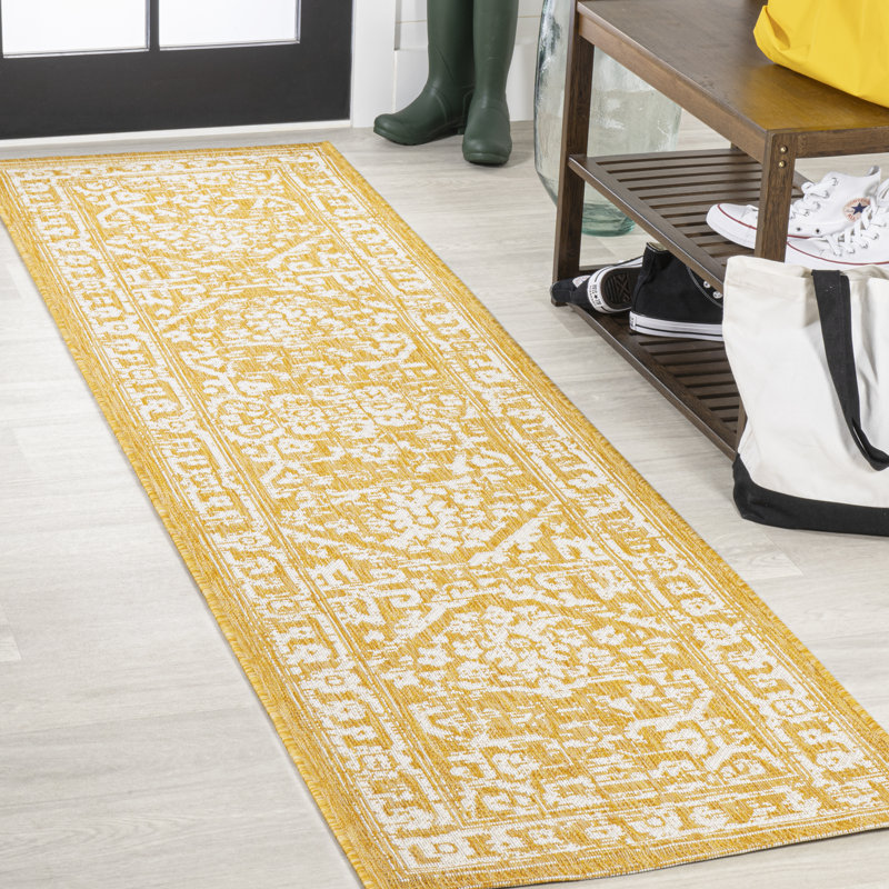 Kisha Bohemian Medallion Textured Weave Yellow/Cream Indoor/Outdoor Rug, Runner 2'2" x 10'