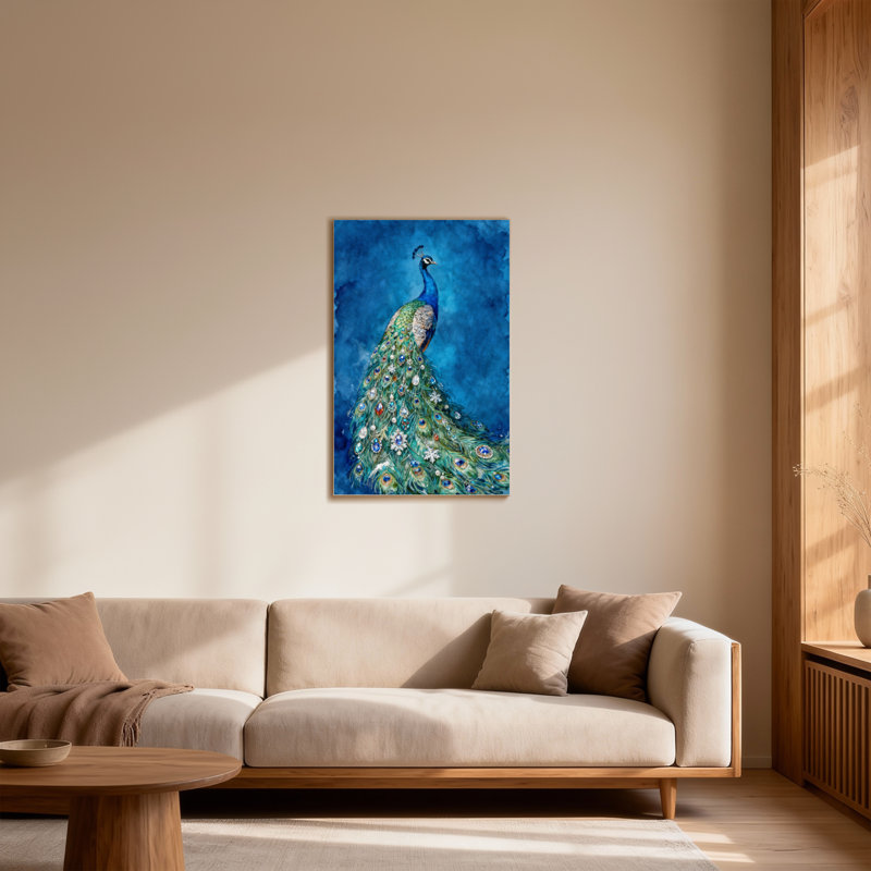 Paon de Noël avec des plumes vibrantes sur fond bleu, H 48 po x l 32 po