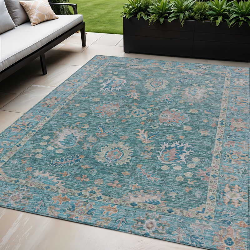 Tapis bleu sarcelle et beige à motif floral 5 pi x 8 pi