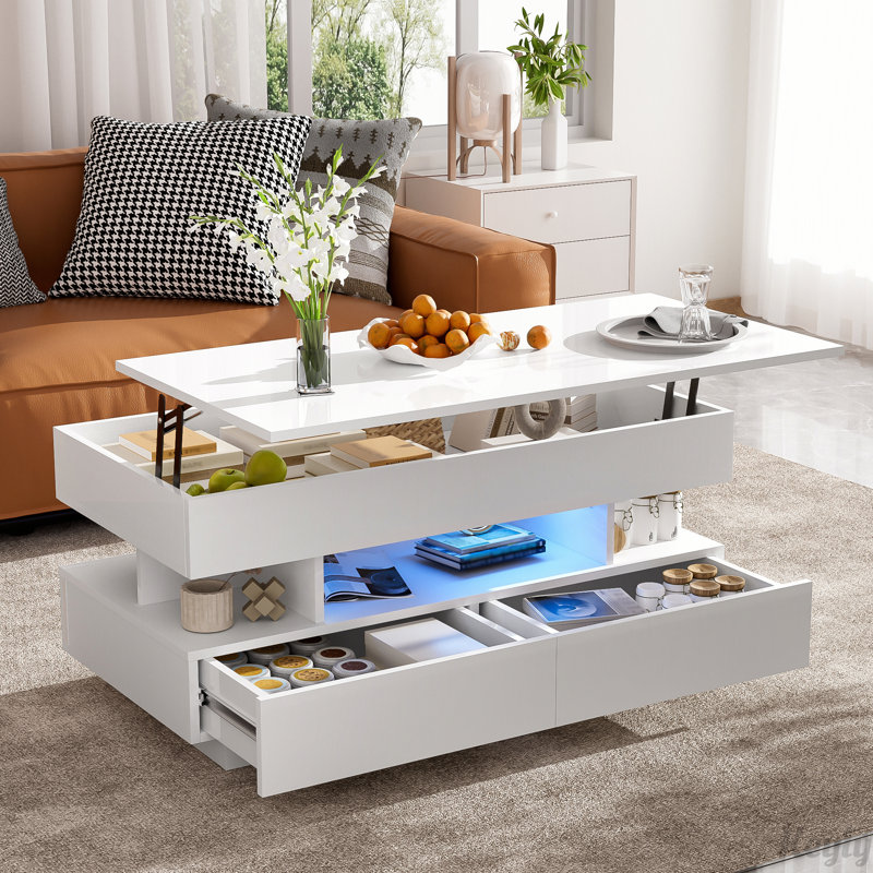 Table basse à finition haute brillance avec 2 tiroirs et plateau relevable, Blanc