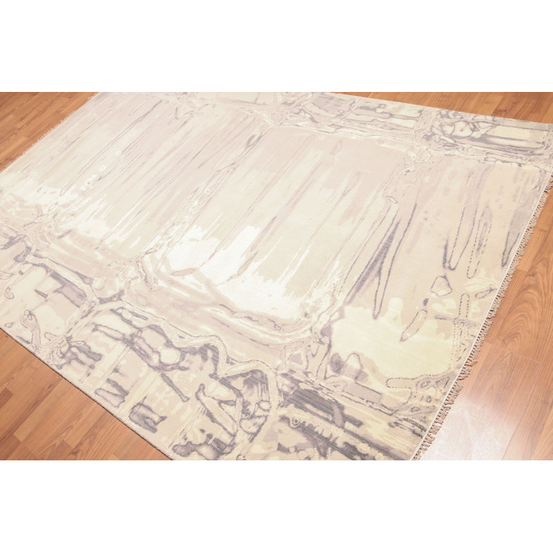 Tapis de zone en laine beige/gris 6 pi x 9 pi one-of-kind à la main noué la Lemley