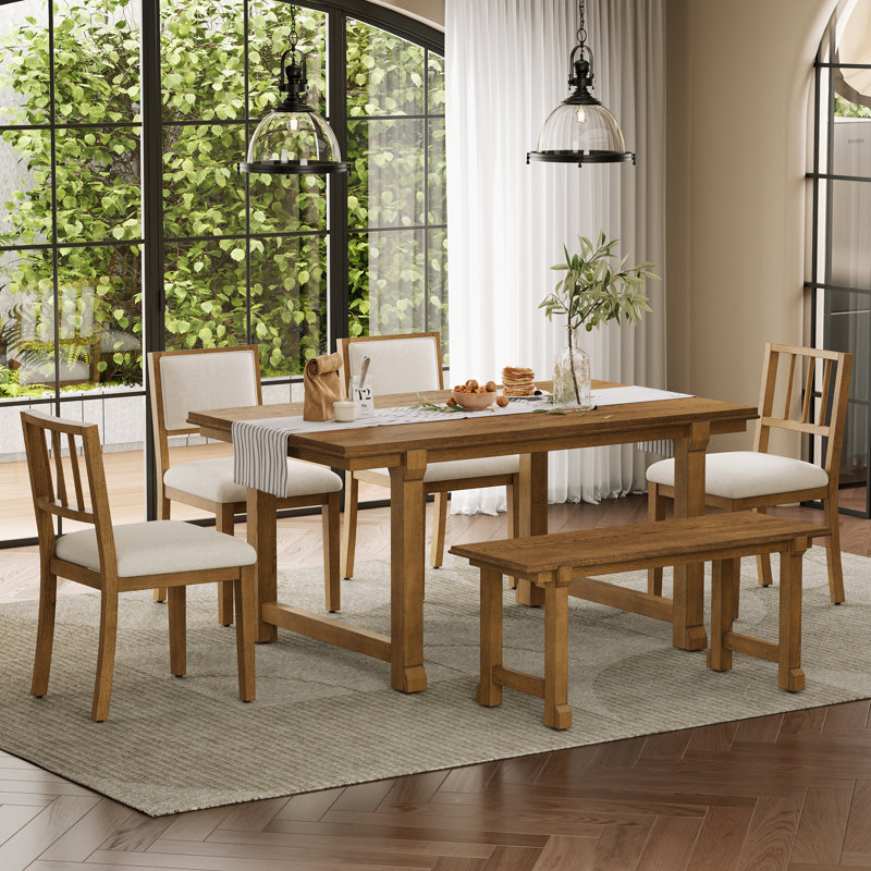 Ensemble de table de salle à manger en bois 6 pièces avec banc et 4 chaises, Brun