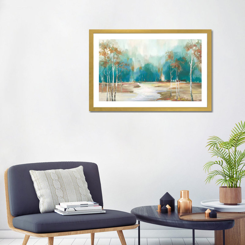 "Sentier à la forêt" par Allison Pearce, reproduction d’art, H 24 po x l 32 po x P 1 po, Papier encadré doré, Blanc