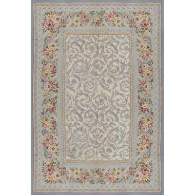 Tapis crème et bleu clair noué à la main de haute qualité