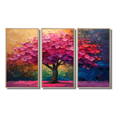 Pink Blue Vibrant Cherry Tree Of Life I - Cherry Blossom Wall Art Living Room Set