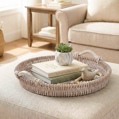 Handwoven Willow Round Ottoman Tray with Wooden Base and Handles, 20"