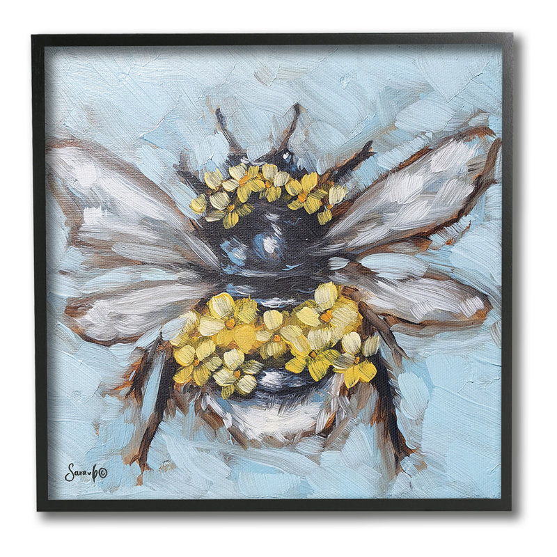 Abeille abstraite avec fleurs, estampe numérique de Sara G Designs, Giclée encadrée noir minuit, H 24 po x l 24 po