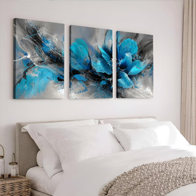 Ensemble de 3 tableaux abstraits à fleurs bleues sur toile tendue