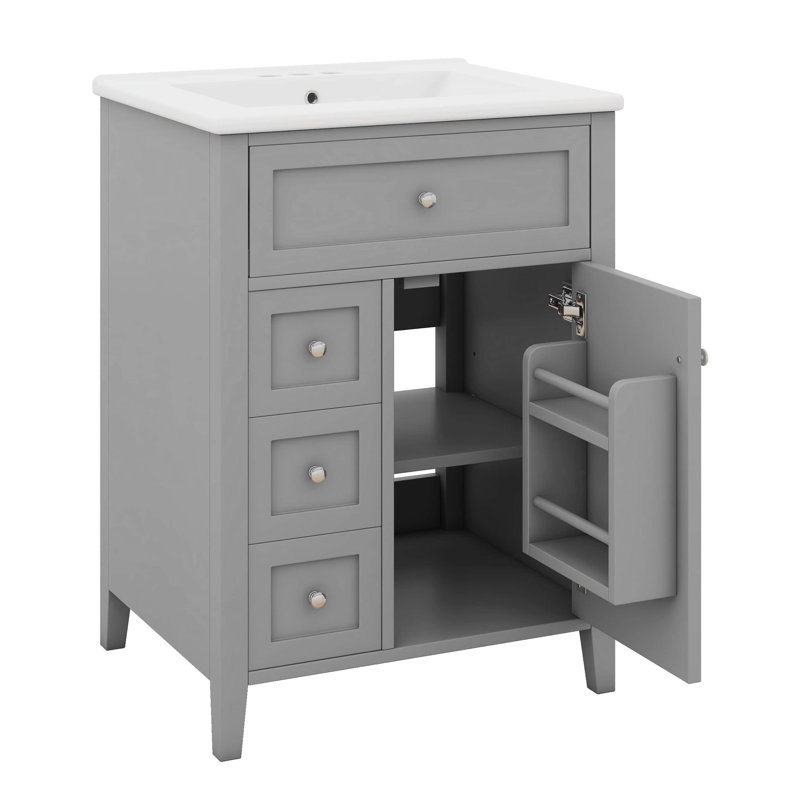 Meuble-lavabo de 24 po avec lavabo, armoire de rangement simple autoportante avec tiroir inclinable, 3 tiroirs, tablette réglable et support de rangement