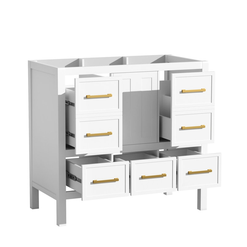 Meuble-lavabo 36 po, 5 tiroirs, fermeture en douceur, structure en bois blanc, planches, bois massif, 35.63", Blanc