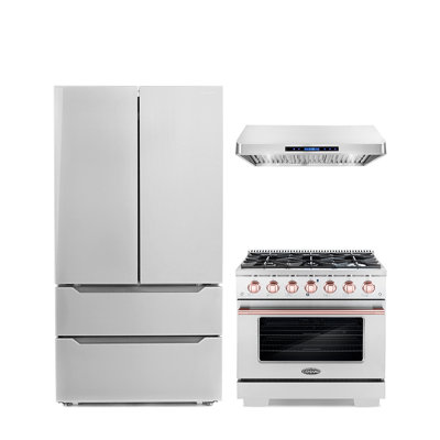 Cosmo 3 Piece Kitchen Appliance Package with French Door Refrigerator , 36'' Gas Freestanding Range , and Under Cabinet Range Hood -  COS-4PKG-1070