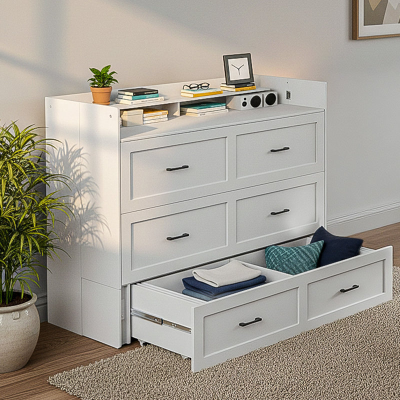 Lit escamotable avec lumières à capteur de mouvement, cadre de lit plateforme pliable avec rangement et station de charge pour chambre à coucher, chambre d'amis, bureau