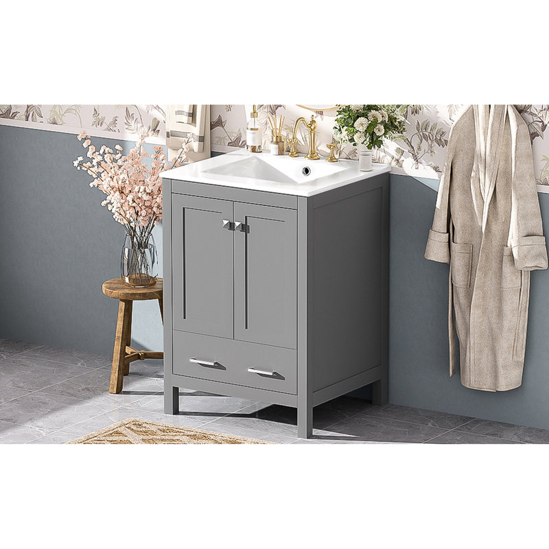 Meuble-lavabo gris 24 po avec lavabo encastré en céramique, étagère de porte double couche et armoire de rangement intégrée de 24 po à 2 portes et 1 tiroir, conception à fermeture en douceur, poignées argentées, protection