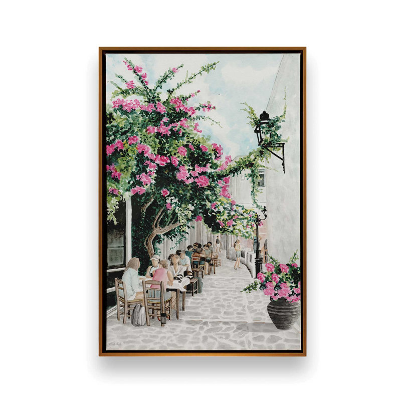 «Greek Café» par Cindy Jacobs, reproduction d'art, L 32 po x H 48 po, Gold, Toile avec cadre