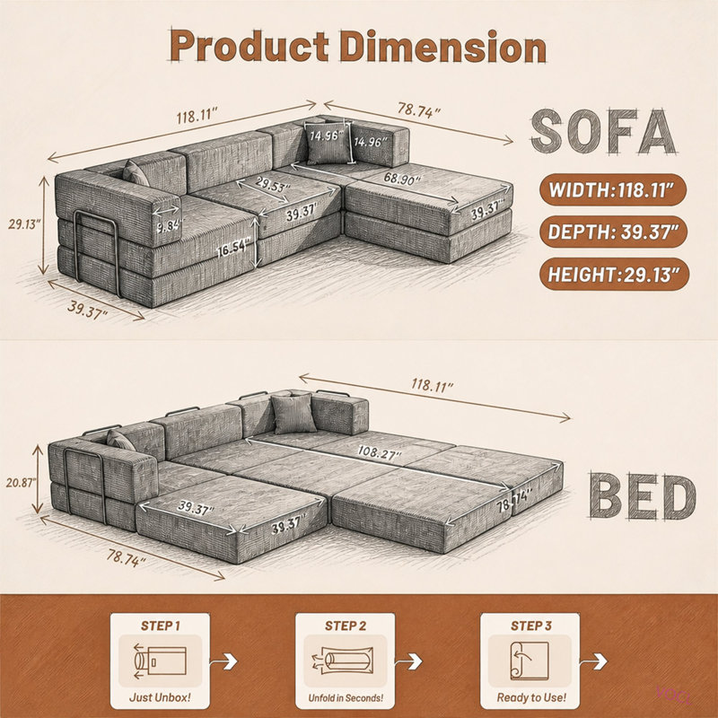 Canapé d'angle modulaire en velours côtelé de 118 pouces avec structure fixe et coussins, canapé-lit convertible en forme de L, canapé de sol pour salon, aucun assemblage requis